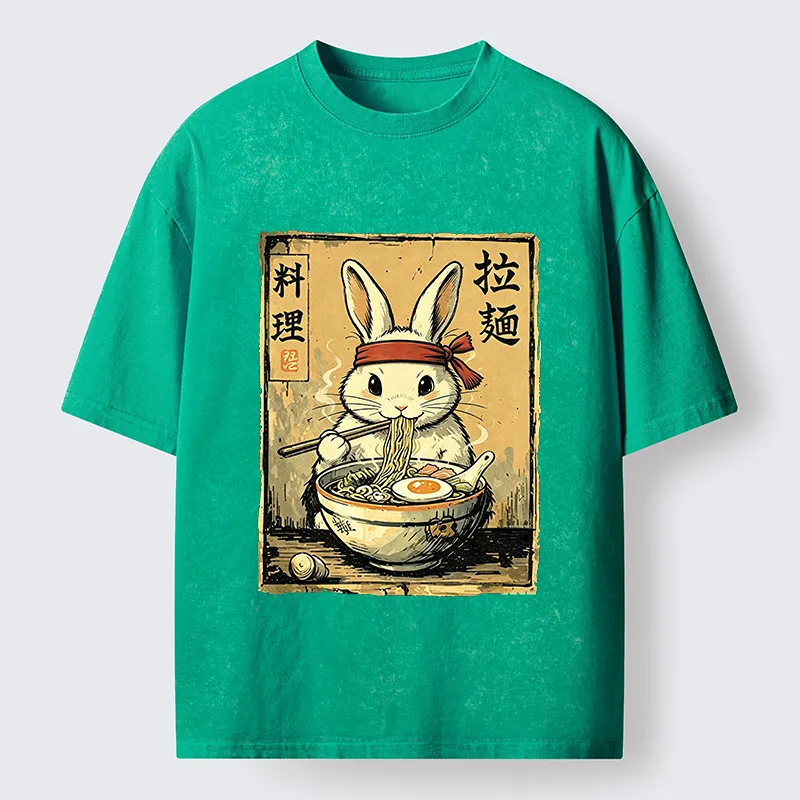 Tokyo-Tiger Cute Rabbit Eating Ramen Washed T-Shirt