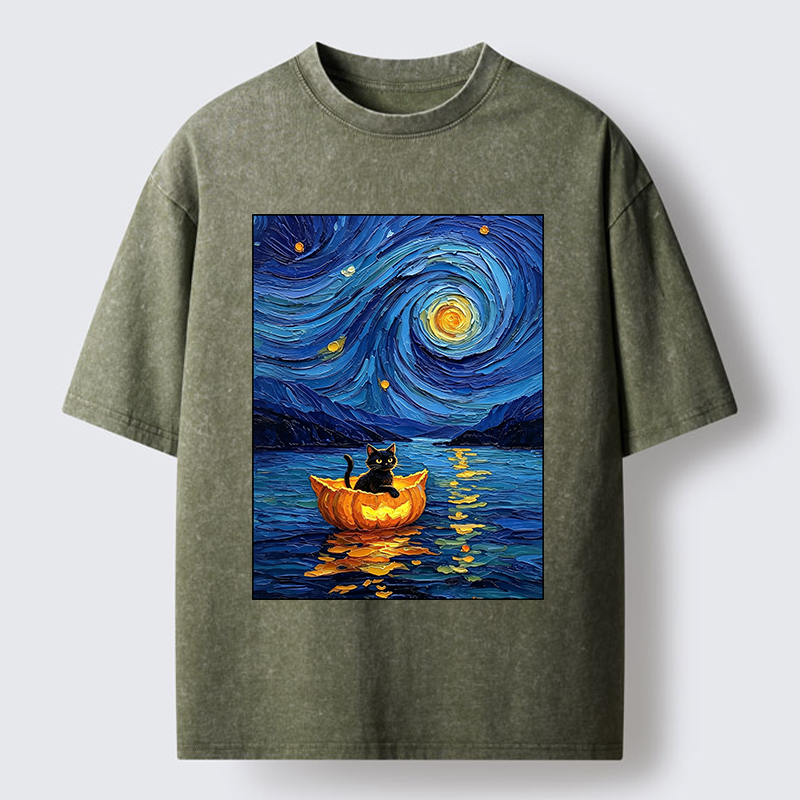 Tokyo‑Tiger Pumpkin Boat Cat Washed T-Shirt