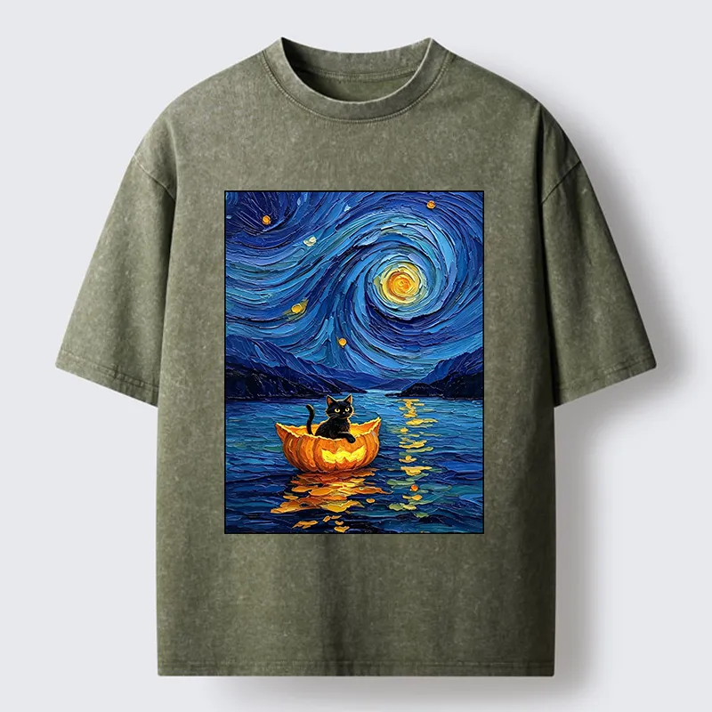 Tokyo‑Tiger Pumpkin Boat Cat Washed T-Shirt