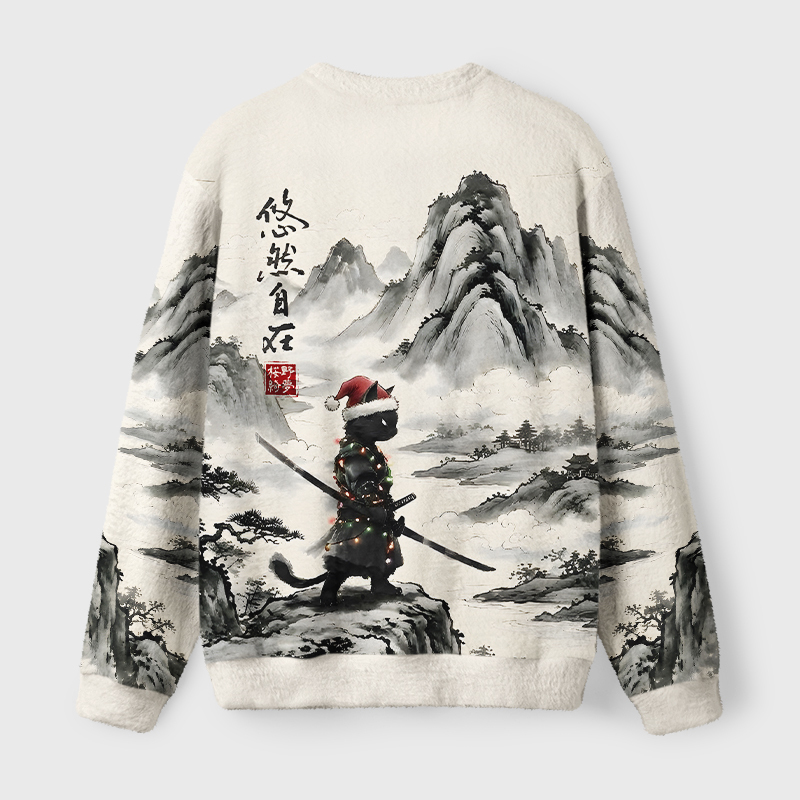 Tokyo-Tiger Serene Ink Art Samurai Cat Fuzzy Christmas Ugly Sweatshirt