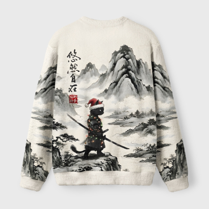 Tokyo-Tiger Serene Ink Art Samurai Cat Fuzzy Christmas Ugly Sweatshirt