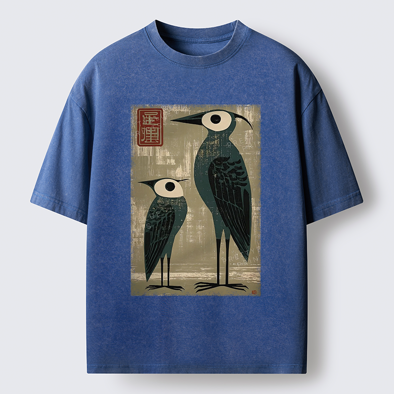 Tokyo-Tiger Retro Two Birds Art Washed T-Shirt