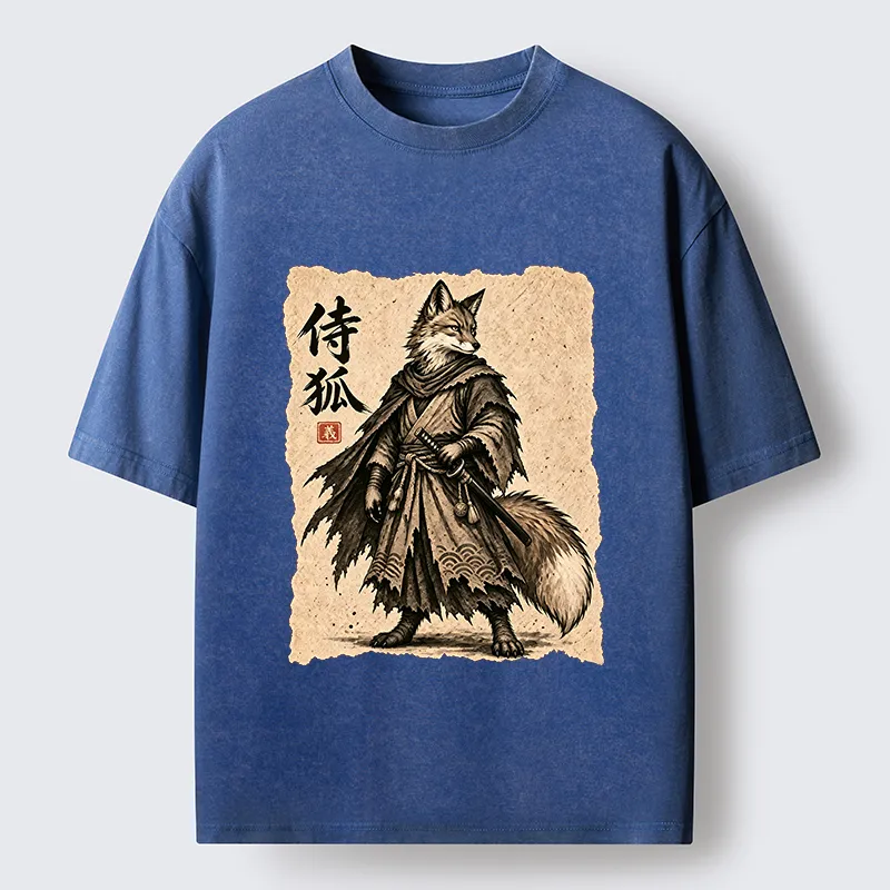 Tokyo-Tiger Vintage Samurai Fox Art Washed T-Shirt