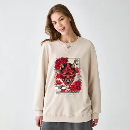 Tokyo-Tiger Cool Oni Floral Art Washed Terry Sweatshirt