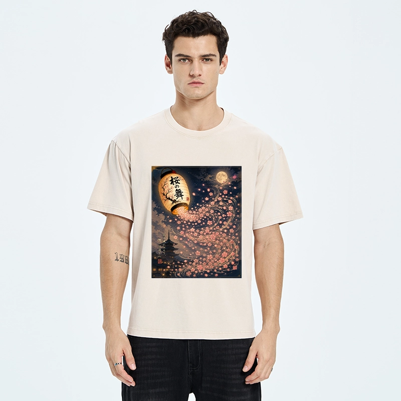Tokyo-Tiger Sakura Wind Flows From Paper Lantern Graphic Washed T-Shirt