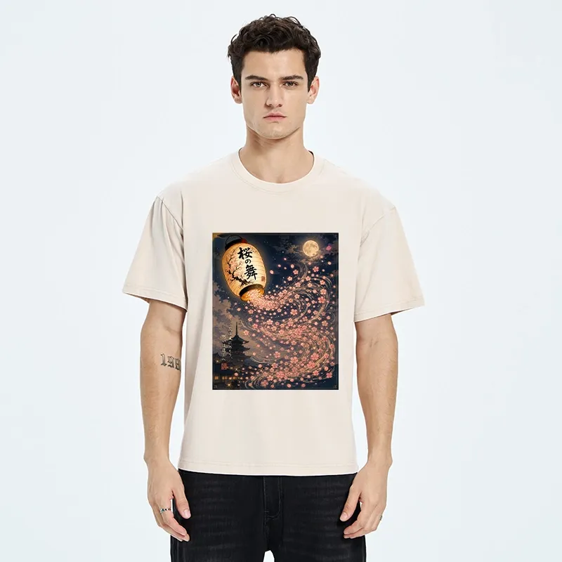Tokyo-Tiger Sakura Wind Flows From Paper Lantern Graphic Washed T-Shirt