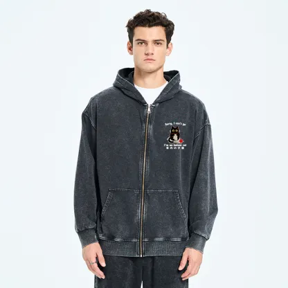 Tokyo-Tiger Indoor Cat Meme Washed Zip Hoodie