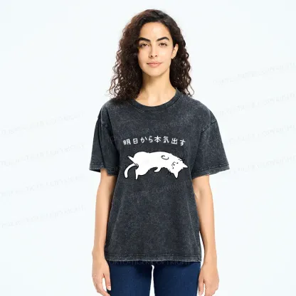 Tokyo-Tiger Lazy Cat Funny Washed T-Shirt