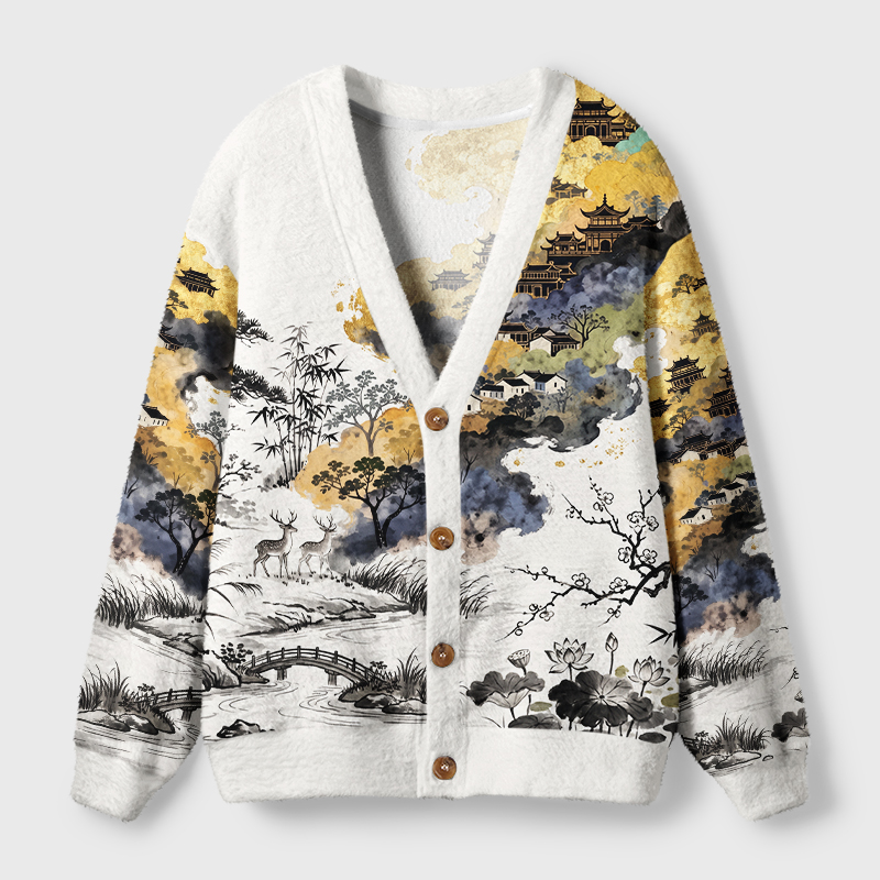 Tokyo-Tiger Gold Foil Mountain Deer Art Ugly Cardigan Sweater