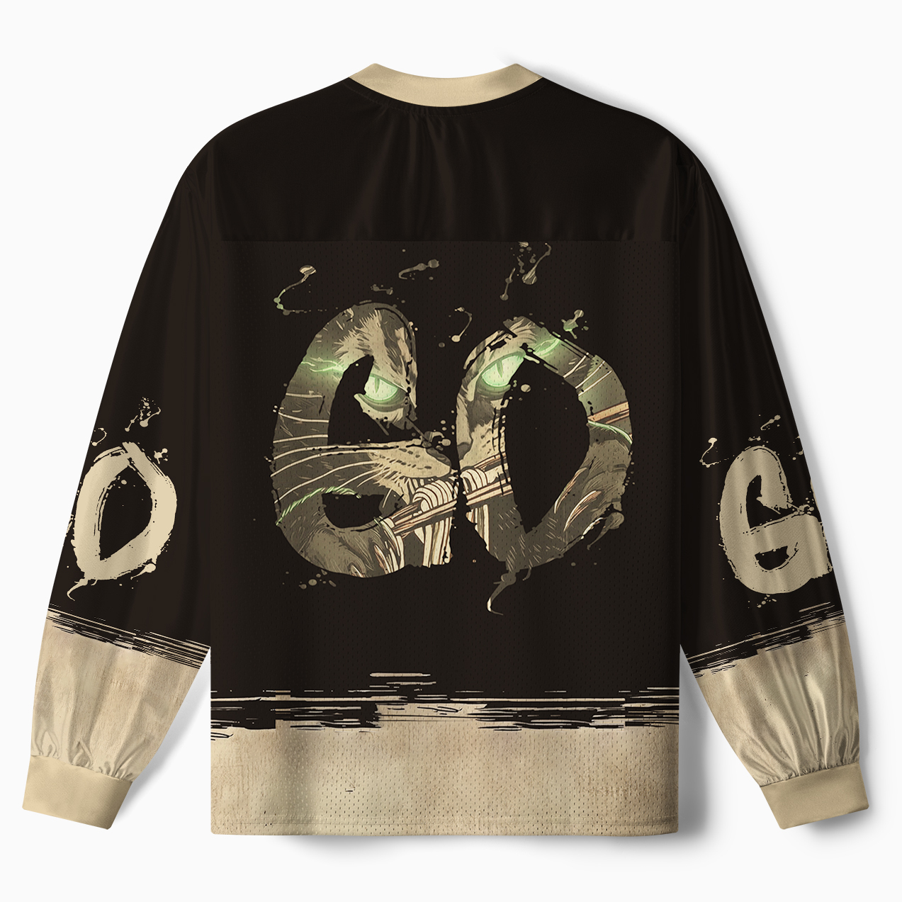 Tokyo-Tiger Black Cat Ramen Japanese Grunge Paneled Long Sleeve Jersey
