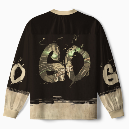 Tokyo-Tiger Black Cat Ramen Japanese Grunge Paneled Long Sleeve Jersey