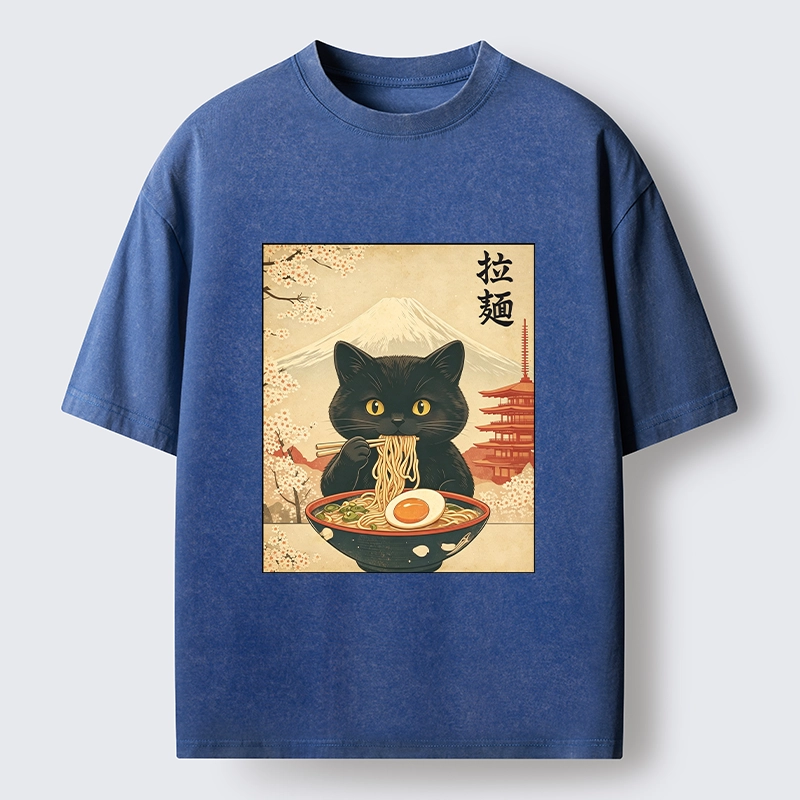 Tokyo‑Tiger Black Cute Cat Ramen Feast Washed T‑Shirt