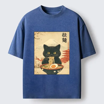 Tokyo‑Tiger Black Cute Cat Ramen Feast Washed T‑Shirt
