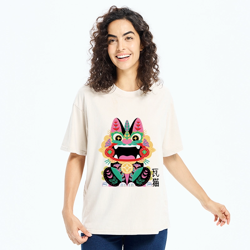Tokyo-Tiger Colorful Meme Cat With Folk Style Washed T-Shirt
