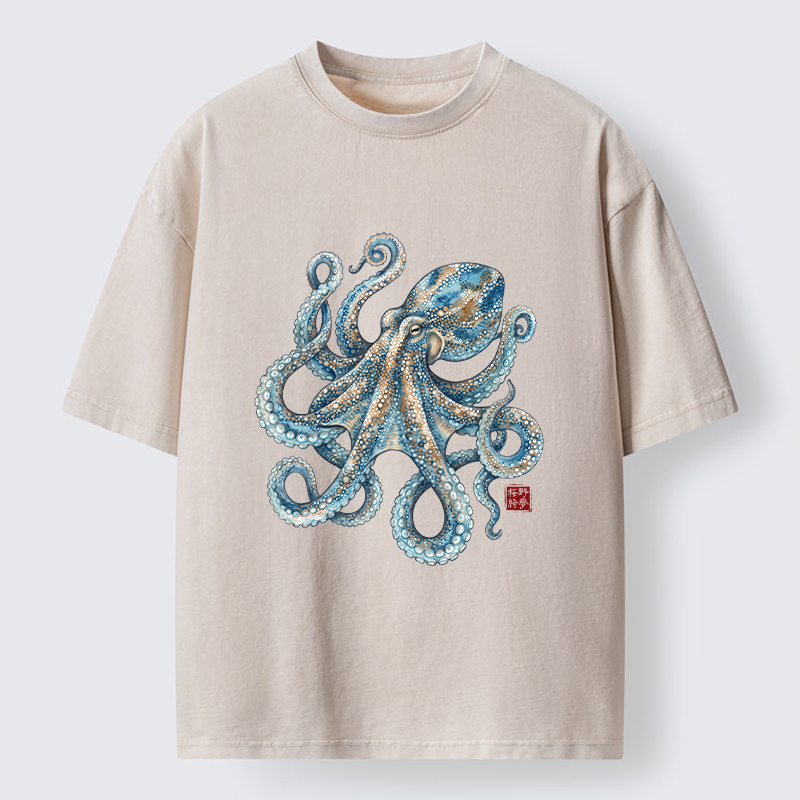 Tokyo‑Tiger Ocean Octopus Art Washed T‑Shirt Sale