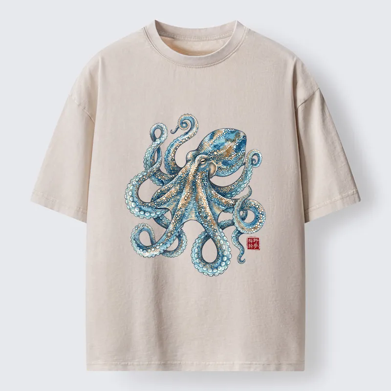 Tokyo-Tiger Ocean Octopus Art Washed T-Shirt