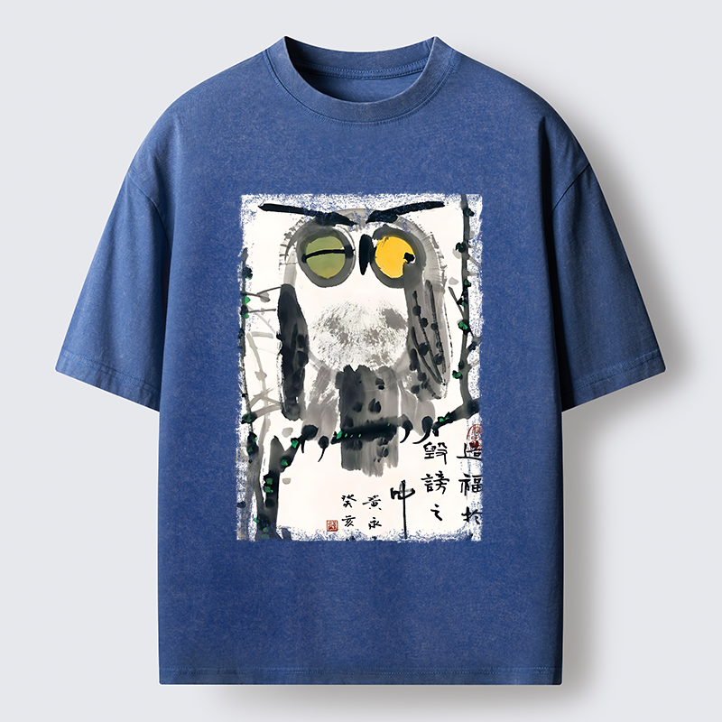 Tokyo-Tiger Oriental Ink Owl Art Washed T-Shirt