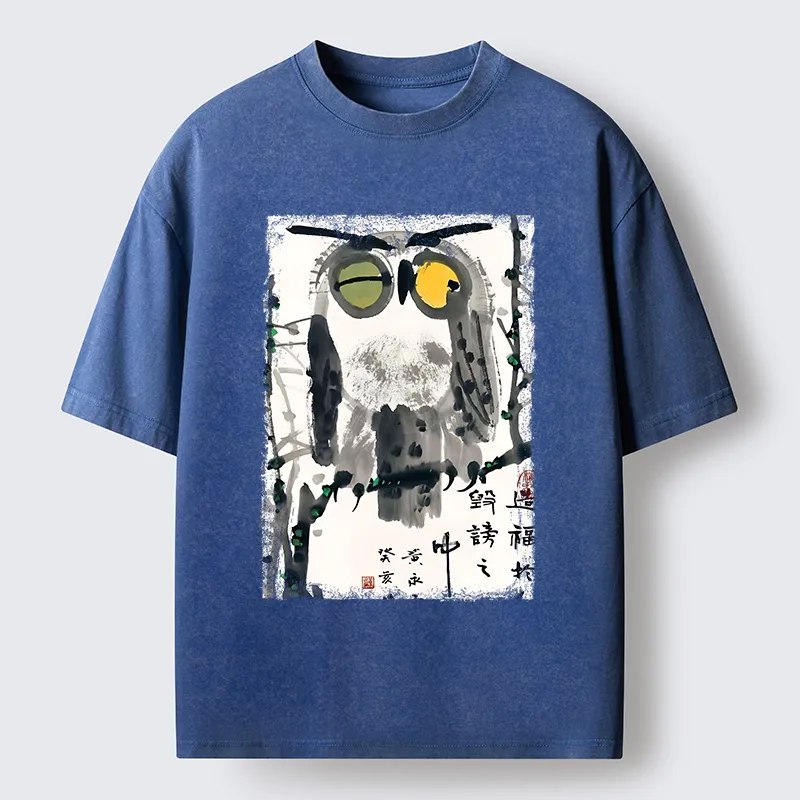 Tokyo-Tiger Oriental Ink Owl Art Washed T-Shirt