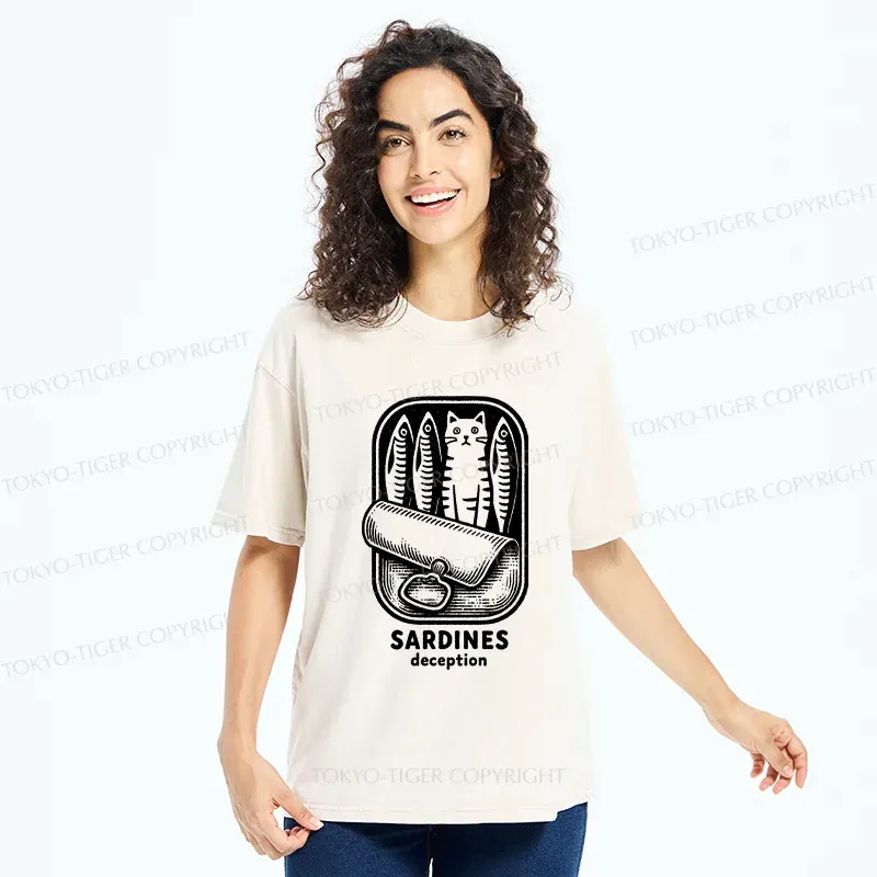 Tokyo-Tiger Funny Can Of Sardines Washed T-Shirt