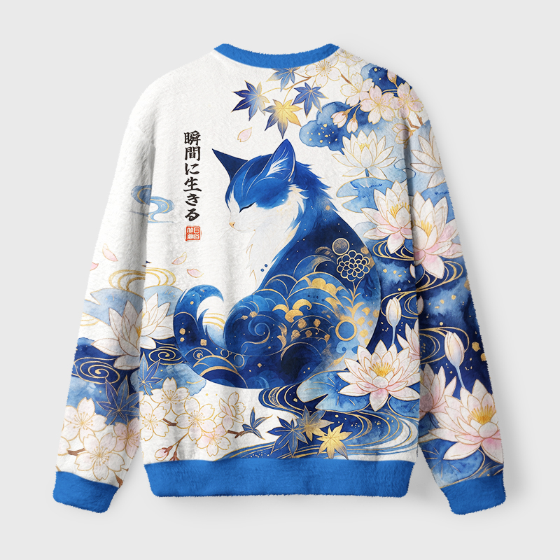 Tokyo-Tiger Retro Zen Cat: Living the Present Fuzzy Christmas Ugly Sweatshirt