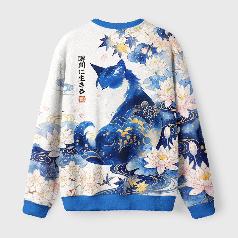 Tokyo-Tiger Retro Zen Cat: Living the Present Fuzzy Christmas Ugly Sweatshirt