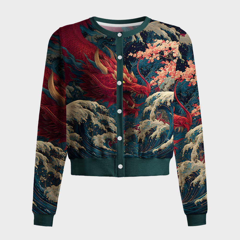 Tokyo-Tiger Red Dragon Ukiyo-e Women's Lightweight Cardigan