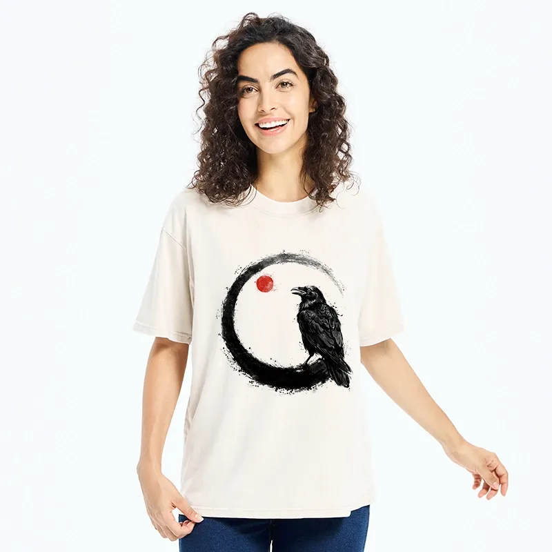 Tokyo-Tiger Japanese Circle Crow Scene Washed T-Shirt