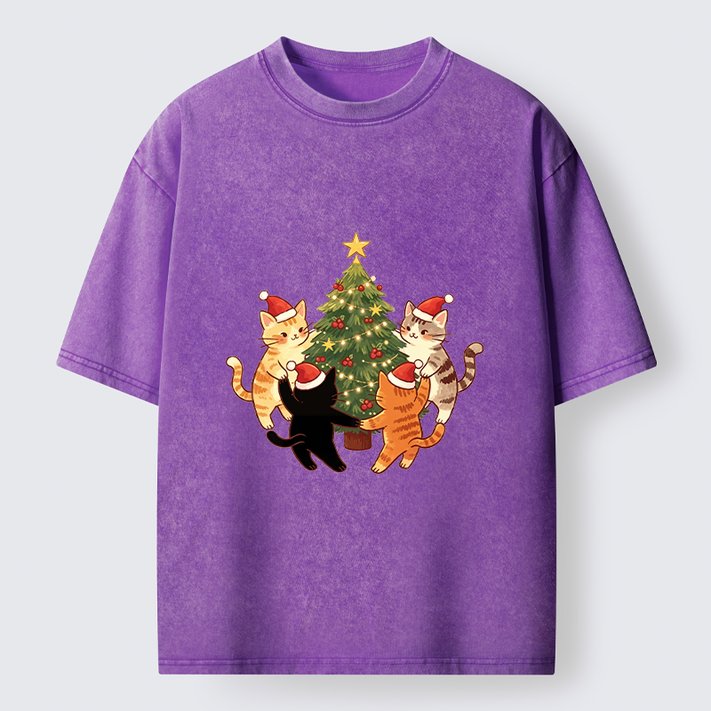 Tokyo-Tiger Cat Christmas Tree Party Washed T-Shirt