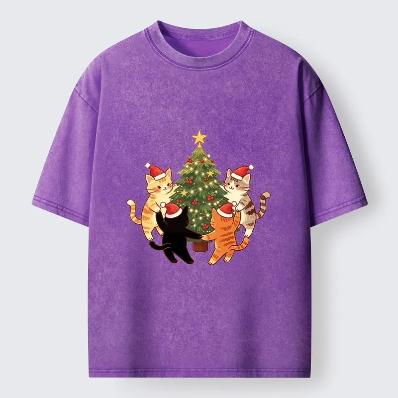 Tokyo-Tiger Cat Christmas Tree Party Washed T-Shirt