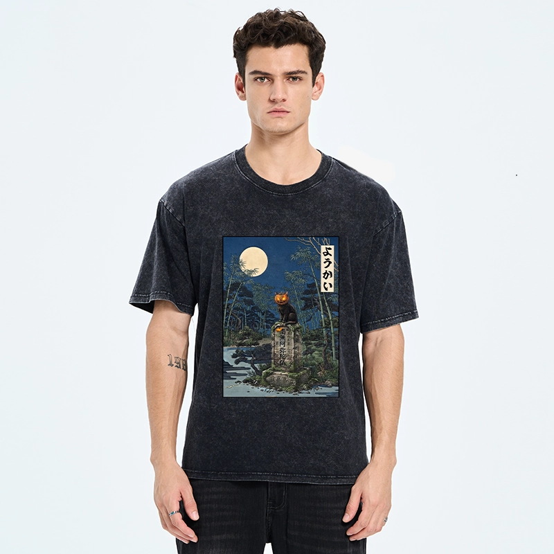 Tokyo‑Tiger Funny Ghost Cat Washed T‑Shirt