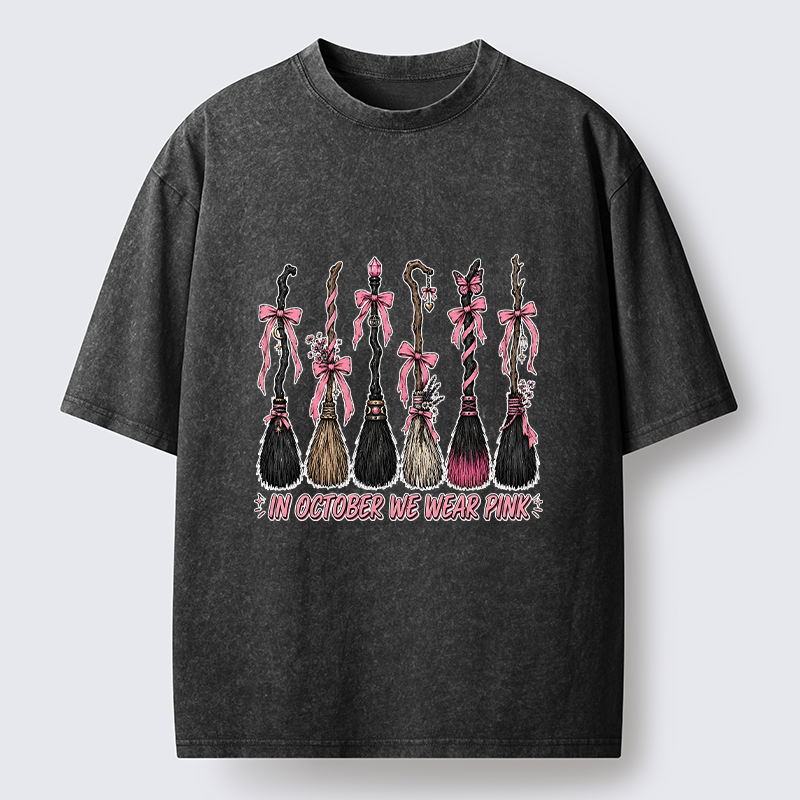 Tokyo-Tiger Witch Broom Breast Cancer Awareness Washed T-Shirt