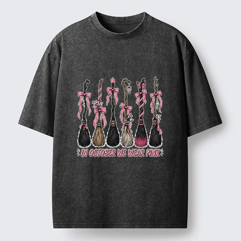 Tokyo-Tiger Witch Broom Breast Cancer Awareness Washed T-Shirt