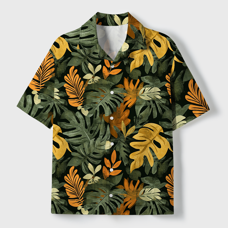 Tokyo-Tiger Tropical Leaf Frenzy Aloha Cuban Collar Shirt