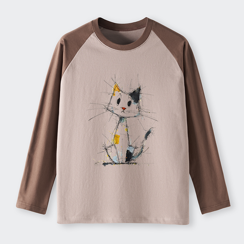 Tokyo-Tiger Minimal Splash Ink Cute Cat Raglan Long Sleeve T-shirt