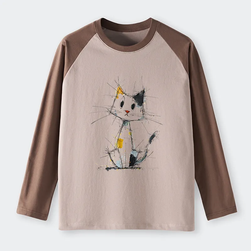 Tokyo-Tiger Minimal Splash Ink Cute Cat Raglan Long Sleeve T-shirt