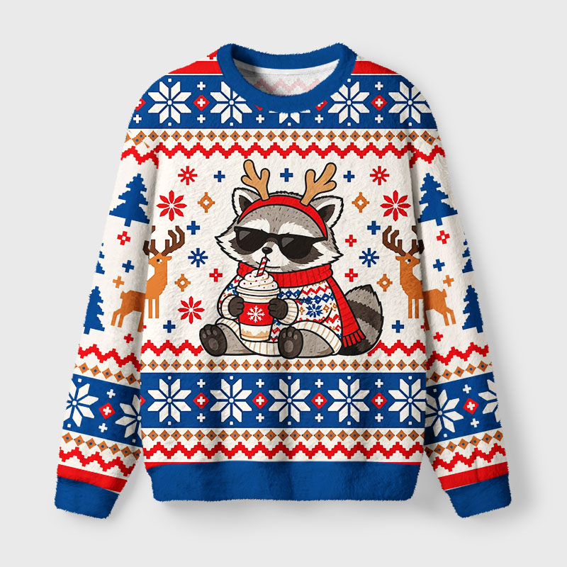 Tokyo-Tiger Christmas Raccoon Coffee Time Fuzzy Christmas Ugly Sweatshirt