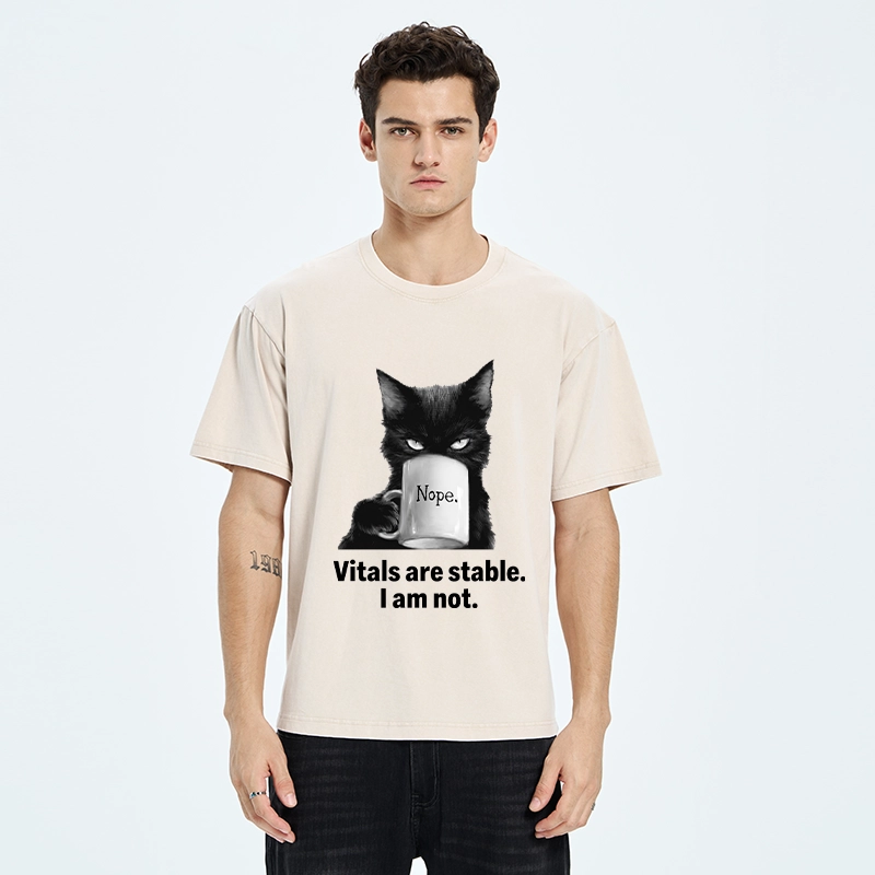 Tokyo-Tiger Grumpy Black Cat Coffee Meme Washed T-Shirt