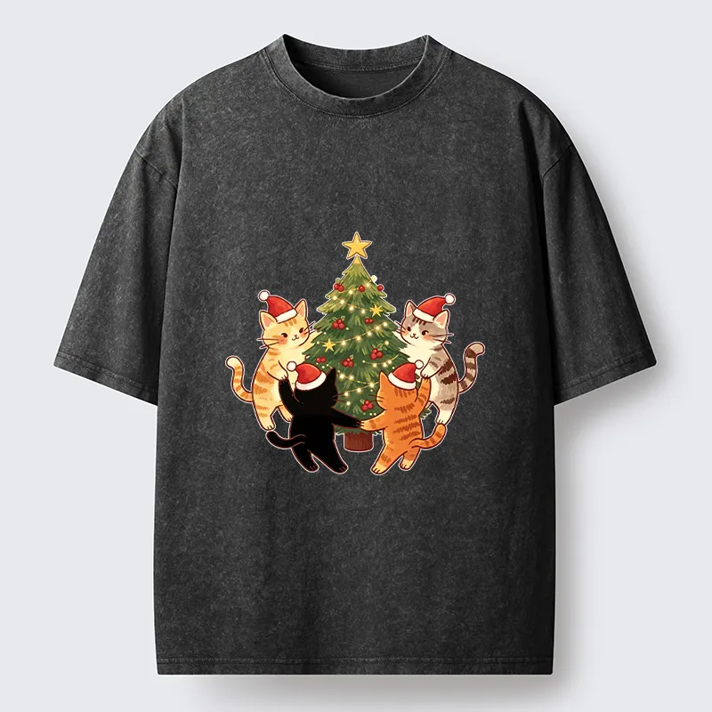 Tokyo-Tiger Cat Christmas Tree Party Washed T-Shirt