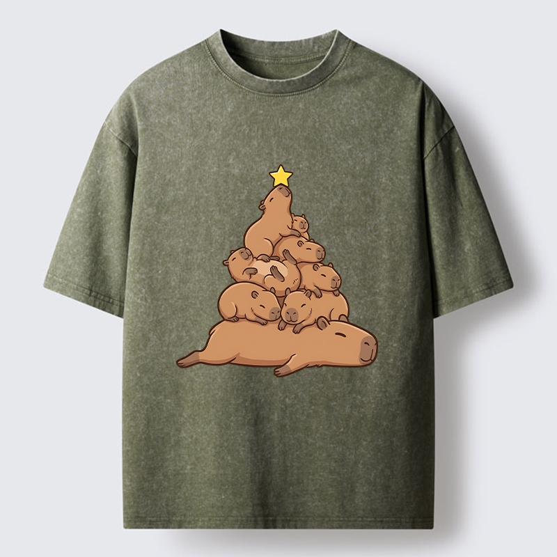 Tokyo-Tiger Funny Stacked Capybara Christmas Tree Washed T-Shirt