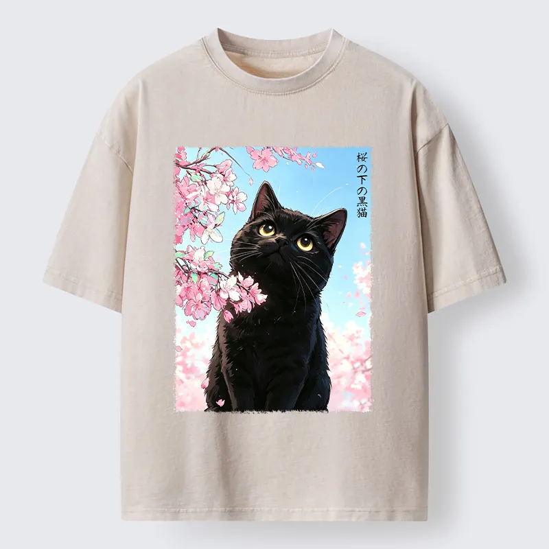 Tokyo-Tiger Japanese Sakura Black Cat Washed T-Shirt