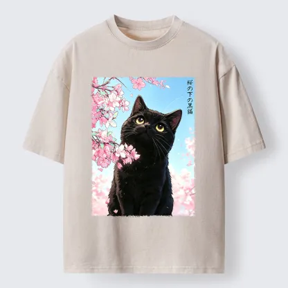 Tokyo-Tiger Japanese Sakura Black Cat Washed T-Shirt