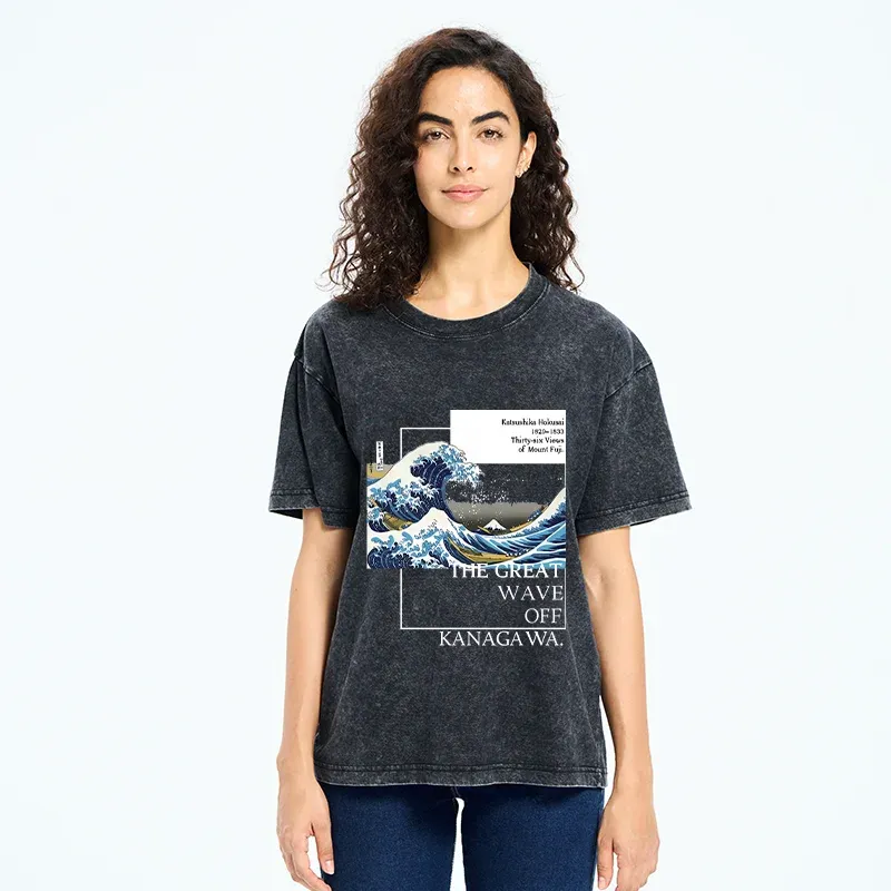 Tokyo-Tiger Japanese Ukiyoe Waves Washed T-Shirt