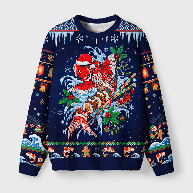 Tokyo-Tiger Santa Hat Koi Fish Christmas Sushi Fuzzy Christmas Ugly Sweatshirt