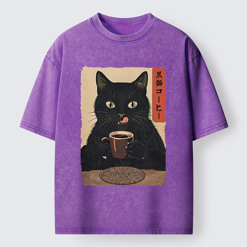 Tokyo-Tiger Vintage Black Cat Coffee Art Washed T-Shirt