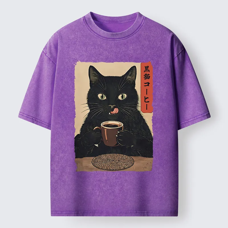 Tokyo-Tiger Vintage Black Cat Coffee Art Washed T-Shirt