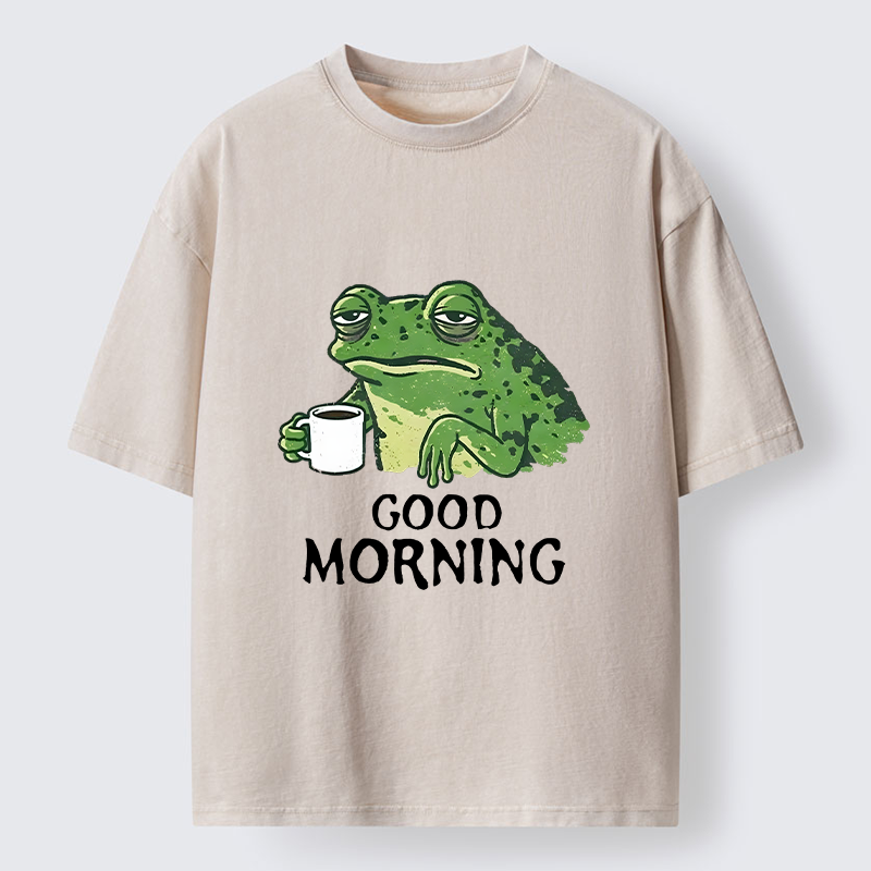Tokyo-Tiger Morning Coffee Frog Meme Washed T-Shirt