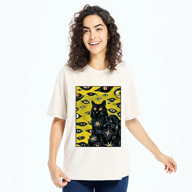 Tokyo-Tiger Cat With Many Eyes And Stars Washed T-Shirt