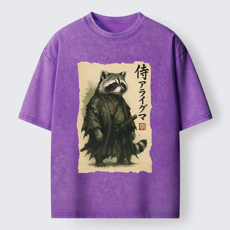 Tokyo-Tiger Japanese Samurai Raccoon Art Washed T-Shirt