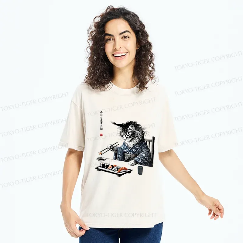 Tokyo-Tiger Cat Eating Sushi Japan Washed T-Shirt