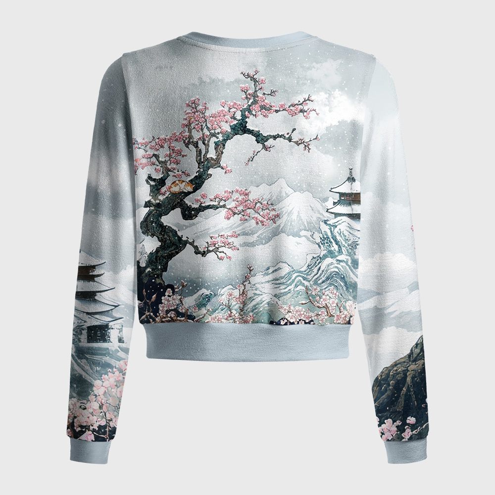 Tokyo-Tiger Sleeping Cat Snow Cherry Women's Fuzzy Cropped Sweatshirt